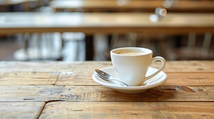Obraz premium Close up White Cup for Coffee with Spoon on Wooden Table at the Cafe