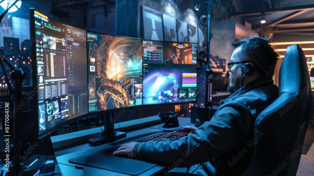 Aufkleber A man sits in a gaming chair in front of a desk, playing a game on multiple curved monitors. He is wearing headphones and is focused on the game.