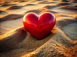 Fototapeta premium heart on the beach, valentine, sand, sea, symbol, shape, day, romance, holiday, red, summer, ocean, romantic, water, nature