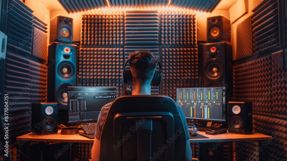 Poster a man wearing headphones sits in front of a computer mixing music in a home studio with soundproofed