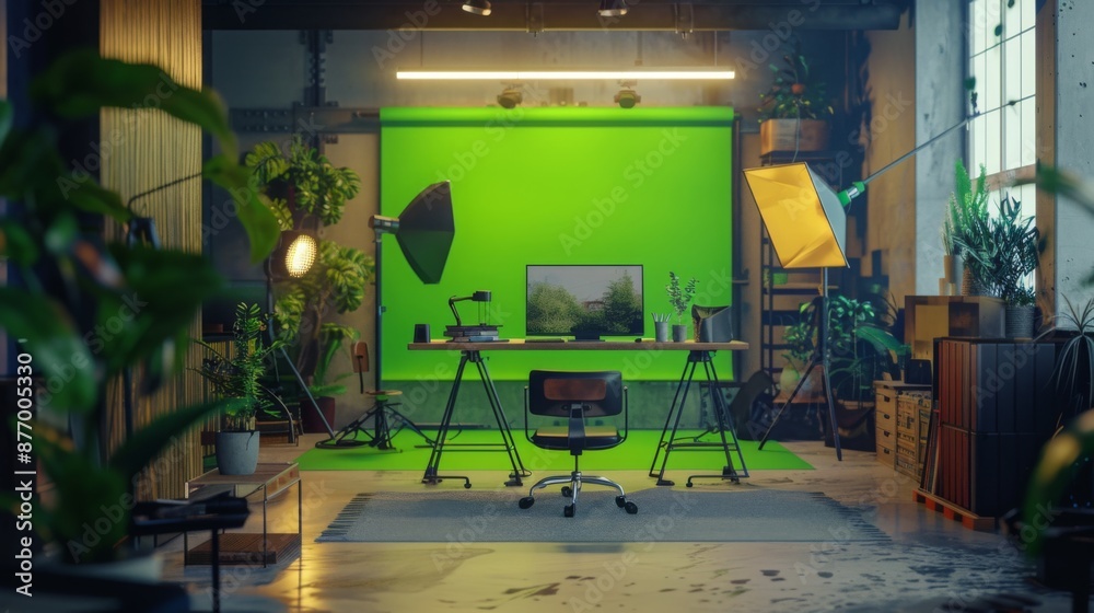 Poster A green screen studio setup with lighting equipment and a computer desk with a chair, positioned in front of the green screen.