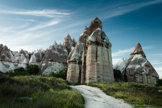 View with strange phallic rocks, Valley of Love, Cappadocia, Turkey, Asia Minor, Asia