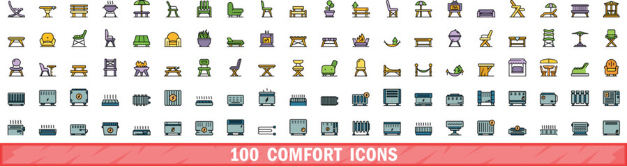 100 comfort icons set. Color line set of comfort vector icons thin line color flat on white