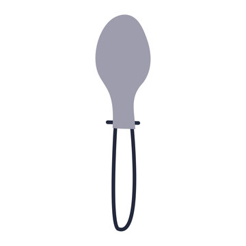 Metal spoon icon isolated on white background. Cutlery flat design element tablespoon for travel camping and hiking design. Top view silver tableware. Vector cartoon style kitchenware illustration.