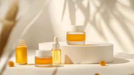 Natural skincare products with honey, arranged aesthetically on white background.