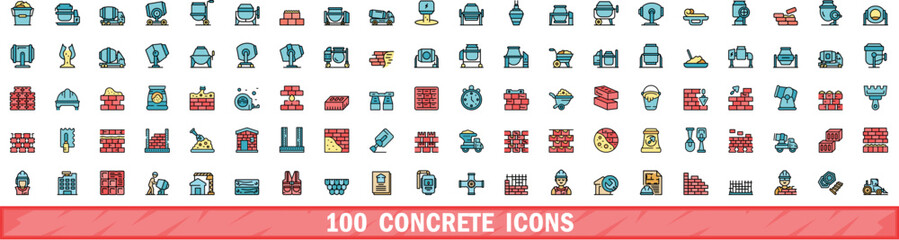 100 concrete icons set. Color line set of concrete vector icons thin line color flat on white