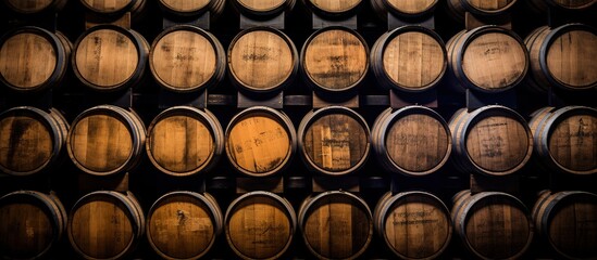 Wooden Wine Barrels Stacked in a Winery Cellar