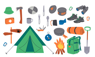 Outing equipment. Camping equipment, cartoon travel trekking scouts tool, hiking gear adventure trip rucksack tent camp object tourism summer vacation set neat vector illustration of tourist backpack
