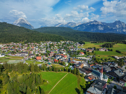 Aerial drone view, Seefeld, Tyrol, Austrian Alps, Austria, Europe