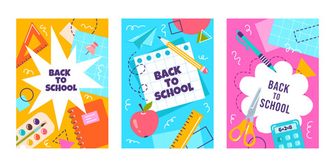 Vector posters set in doodle style with geometric shapes, design elements on school themes. Back to school, education concept
