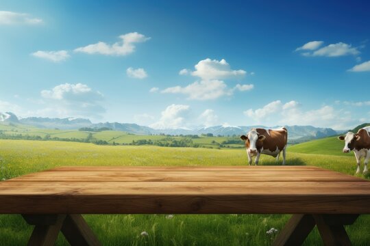 Empty wooden table top grass field cow.