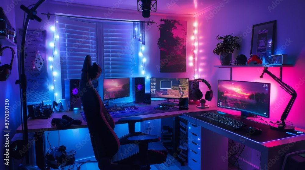 Poster a gaming desk with multiple monitors, a gaming chair, and a microphone setup is lit with blue and pi