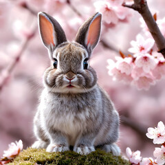 Obraz premium Cute Bunny with Cherry Blossoms