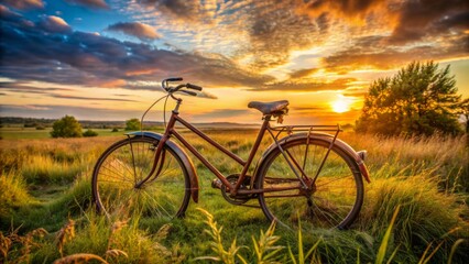 Obraz premium A worn, rusty bicycle abandoned in a rural landscape at sunset, symbolizing the struggles and abandoned dreams of youth.