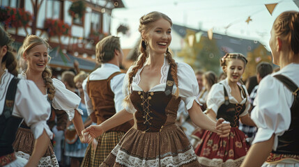 Group of locals dressed in traditional Bavarian fluffy skirt, blouse, corset with lacing and apron, enjoying a lively polka dance at Oktoberfest