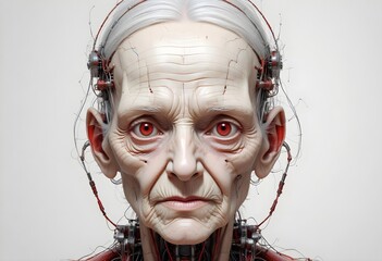 Elderly Female Robot with Red Eyes and Human-Like Wrinkles, AGI Personification, AI Consciousness