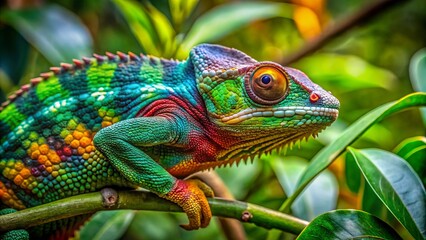 Obraz premium Vibrant green chameleon with colorful skin camouflaging on a rustic tree branch amidst lush green leaves and natural surroundings.