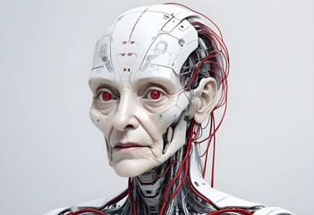 Elderly Female Robot with Red Eyes and Human-Like Wrinkles, AGI Personification, AI Consciousness