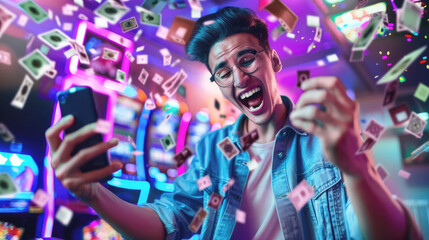 A young man emotionally rejoices at a big win, playing games on mobile devices, in an online casino, and a lottery. Motion blur, selective focus. Motion blur, selective focus.