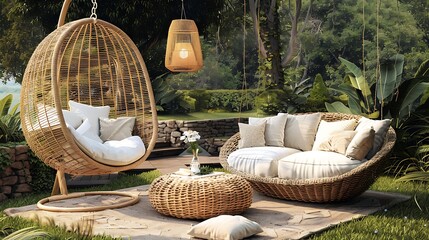Cozy wicker sofa set and hanging chair in the garden