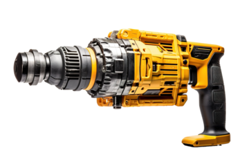 Powerful Yellow and Black Drill Ready for Action on a White or Clear Surface PNG Transparent Background.