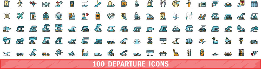 100 departure icons set. Color line set of departure vector icons thin line color flat on white