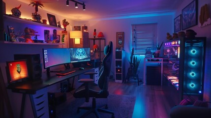 A gamer's room setup with multiple monitors, a gaming chair, and RGB lighting throughout.