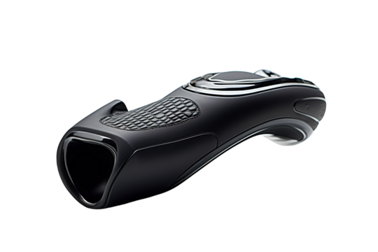 A Sleek Black Remote Control With Yellow Stitching And Buttons on a White or Clear Surface PNG Transparent Background.