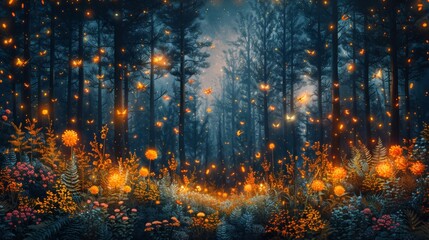 Fototapeta premium Enchanted Forest with Glowing Flowers and Fireflies - Generative AI