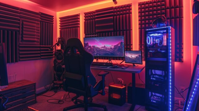 A gaming setup with a large monitor, a gaming chair, a desk, and a custom PC tower with LED lights. The walls are lined with acoustic foam panels.