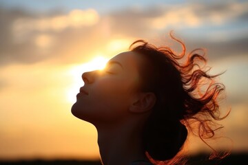 Woman head sky sunlight outdoors.