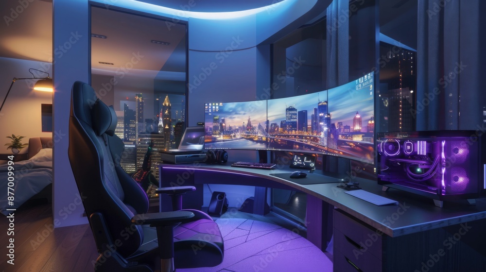 Poster A modern gaming setup with a large curved monitor displaying a cityscape view. The desk is lit with purple LED lights and includes a powerful computer tower.