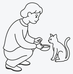 Elegant Line Art Vector Set, Woman Caressing and Feeding a Cat