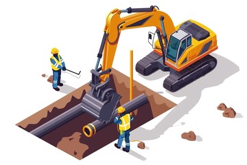 electrical engineers and technicians working and laying underground cables to pipes