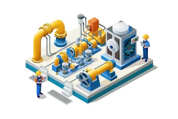Engineer and electrician working with Industrial Water Pumps Maintenance Service concept isometric
