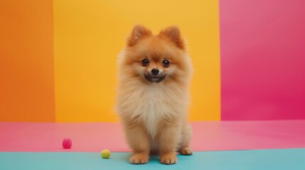 Cute baby pomeranian dog isolated on colorful background