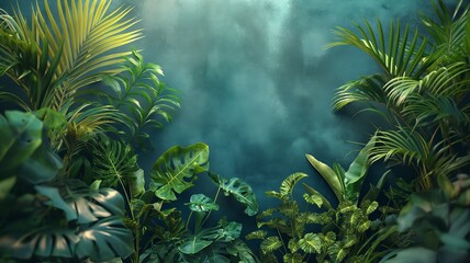 Obraz premium A lush vibrant tropical backdrop adorned with various green foliage basking in soft ethereal light