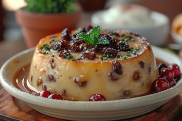 A dish of spotted dick, a steamed suet pudding with dried fruit, served with custard. 