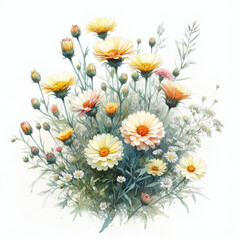 Obraz premium 흰 배경, 금잔화, 수채화 (white background, field marigold, water colour)