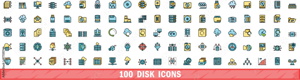 Wall mural 100 disk icons set. color line set of disk vector icons thin line color flat on white