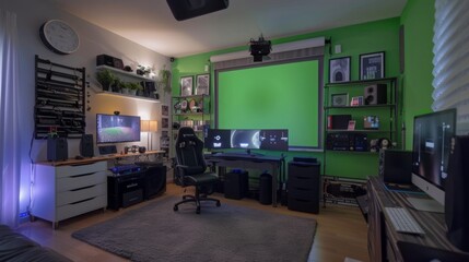 A home office setup with a large green screen in the background and several computer monitors and speakers on a desk. The room is decorated with various gaming equipment and accessories.