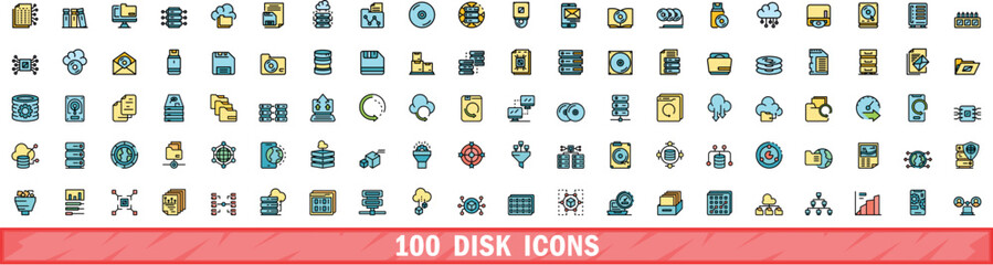 100 disk icons set. Color line set of disk vector icons thin line color flat on white