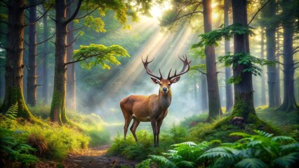 A serene, majestic deer stands amidst lush, vibrant foliage, surrounded by towering trees, in a tranquil, misty forest landscape.