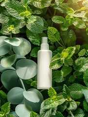  A Sleek White Cosmetic Product Lotion Spray Bottle Awaits Unveiling, Merging Nature and Luxury in a Serene Setting