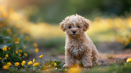 A small poodle dog with soft, curly fur and ears that fall to the sides, looks like a little plush friend, ready to play and love.
