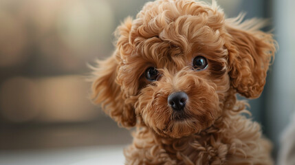 A small poodle dog with soft, curly fur and ears that fall to the sides, looks like a little plush friend, ready to play and love.