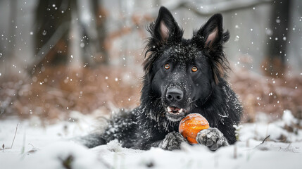 In a winter landscape, the Belgian Groenendael Shepherd passionately chases his toy through the snow, his elegant posture and agility expressing his natural intelligence and energy.