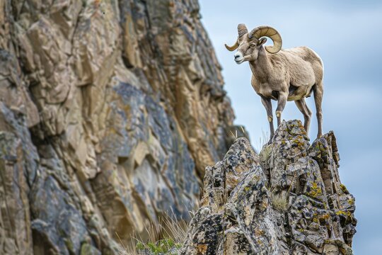 A Big Horn Sheep (Ram) takes a position of dominance on the high rocky cliffs of Wyoming