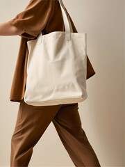 A woman is holding a white tote bag