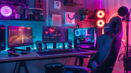 A gaming setup with two monitors, a tower PC, a gaming chair, and neon lights.